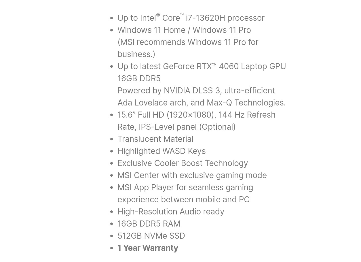 MSI Cyborg 15  Gaming Laptop (i7 13th Gen/ 16GB Ram - 512GB SSD/ RTX 4050 - 6GB/ 144Hz/ 1080P Full HD Display)