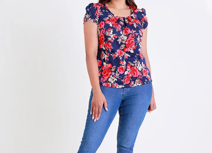 Printed Round Neck Top with Petal Sleeves