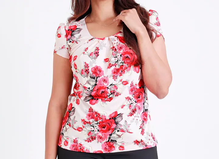 Printed Round Neck Top with Petal Sleeves